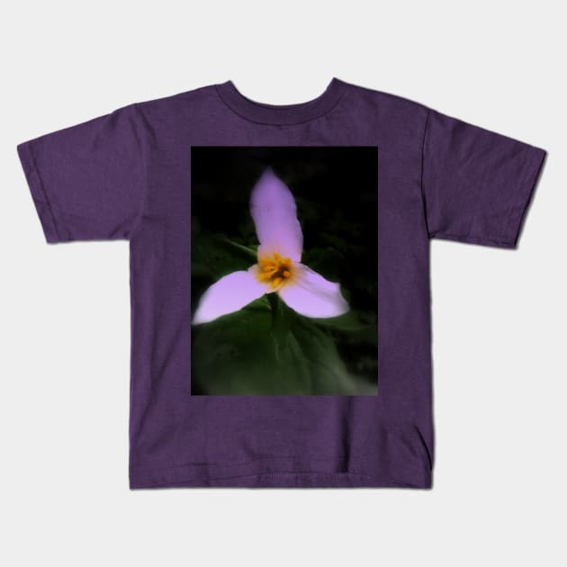 white trillium, dark background, tinted Kids T-Shirt by DlmtleArt